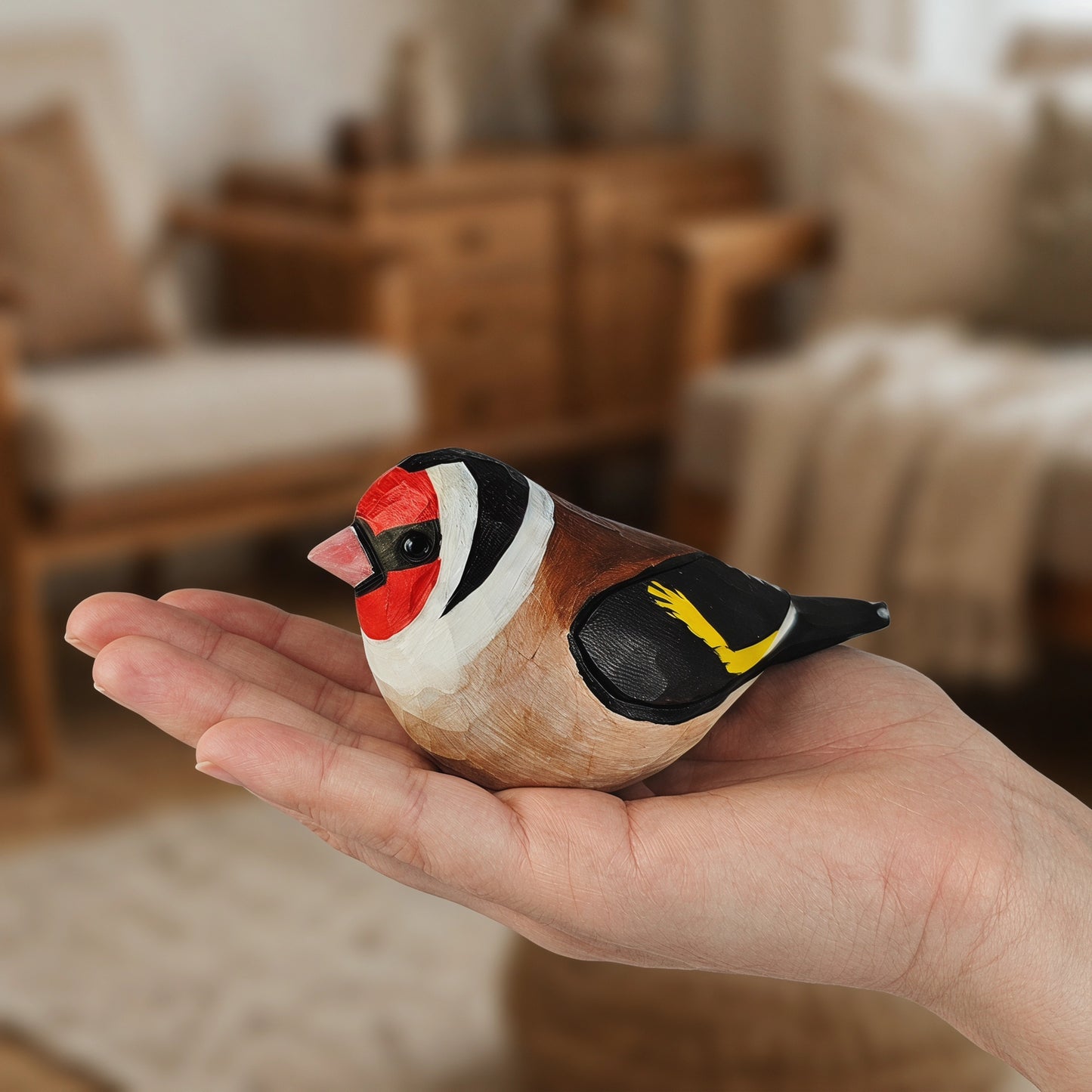 A hand-painted wooden European Goldfinch figurine, resembling a goldfinch, resting on a person's palm in a cozy, softly blurred indoor setting.