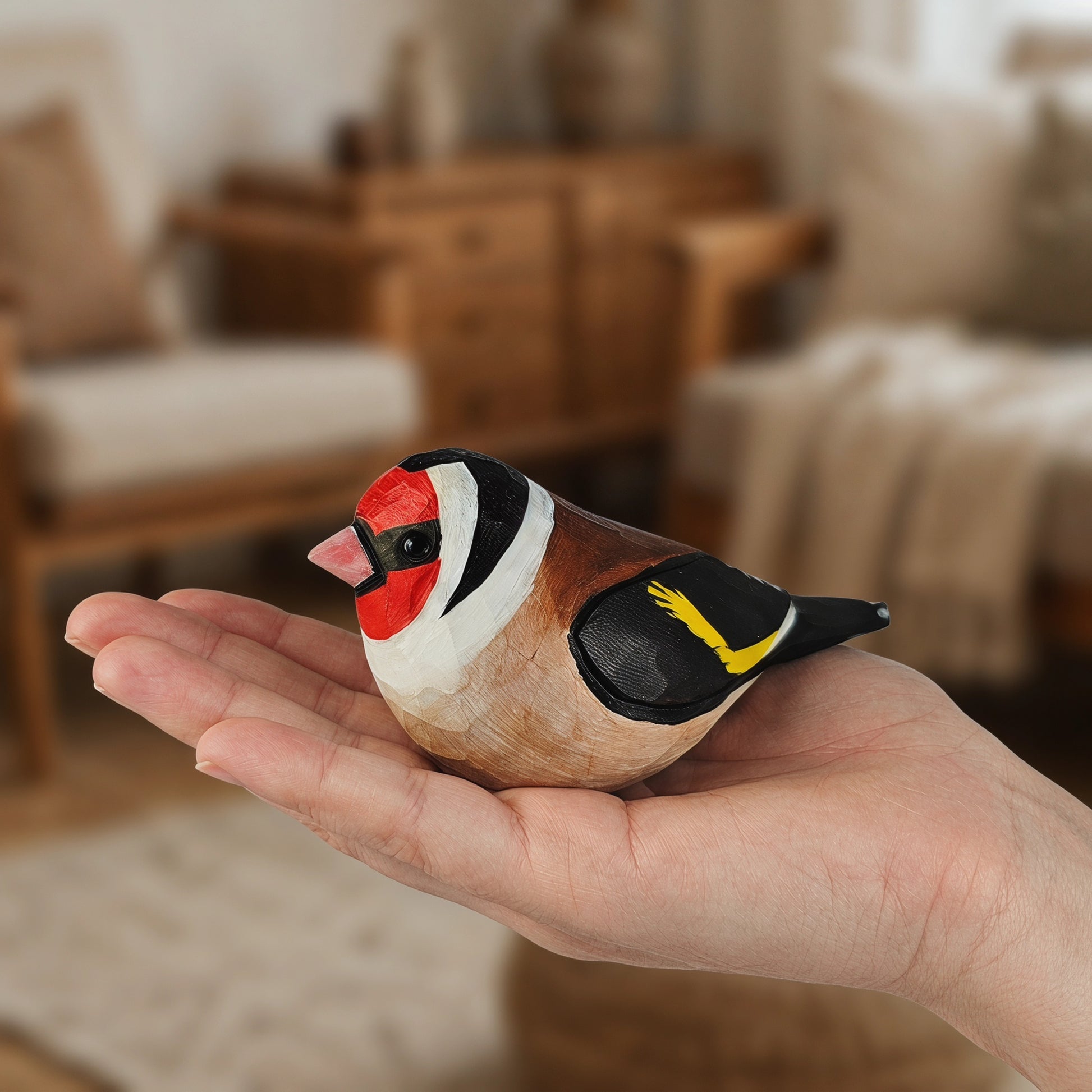 A hand-painted wooden European Goldfinch figurine, resembling a goldfinch, resting on a person's palm in a cozy, softly blurred indoor setting.