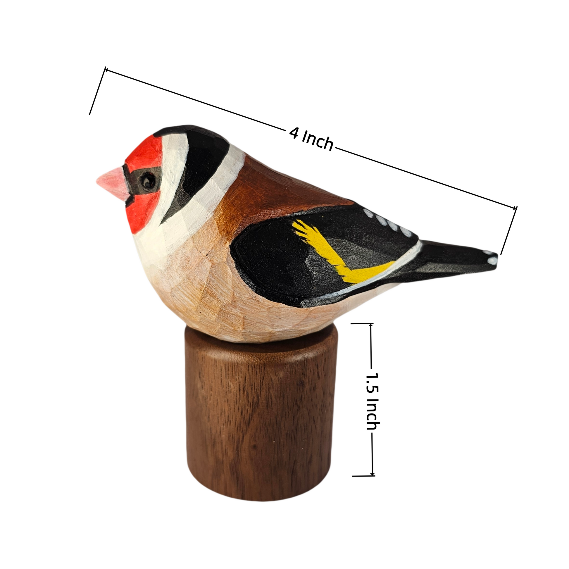 A hand-carved wooden European Goldfinch figurine on a cylindrical wooden base, shown with dimension lines indicating a total length of 4 inches and a height of 1.5 inches, against a plain white background.