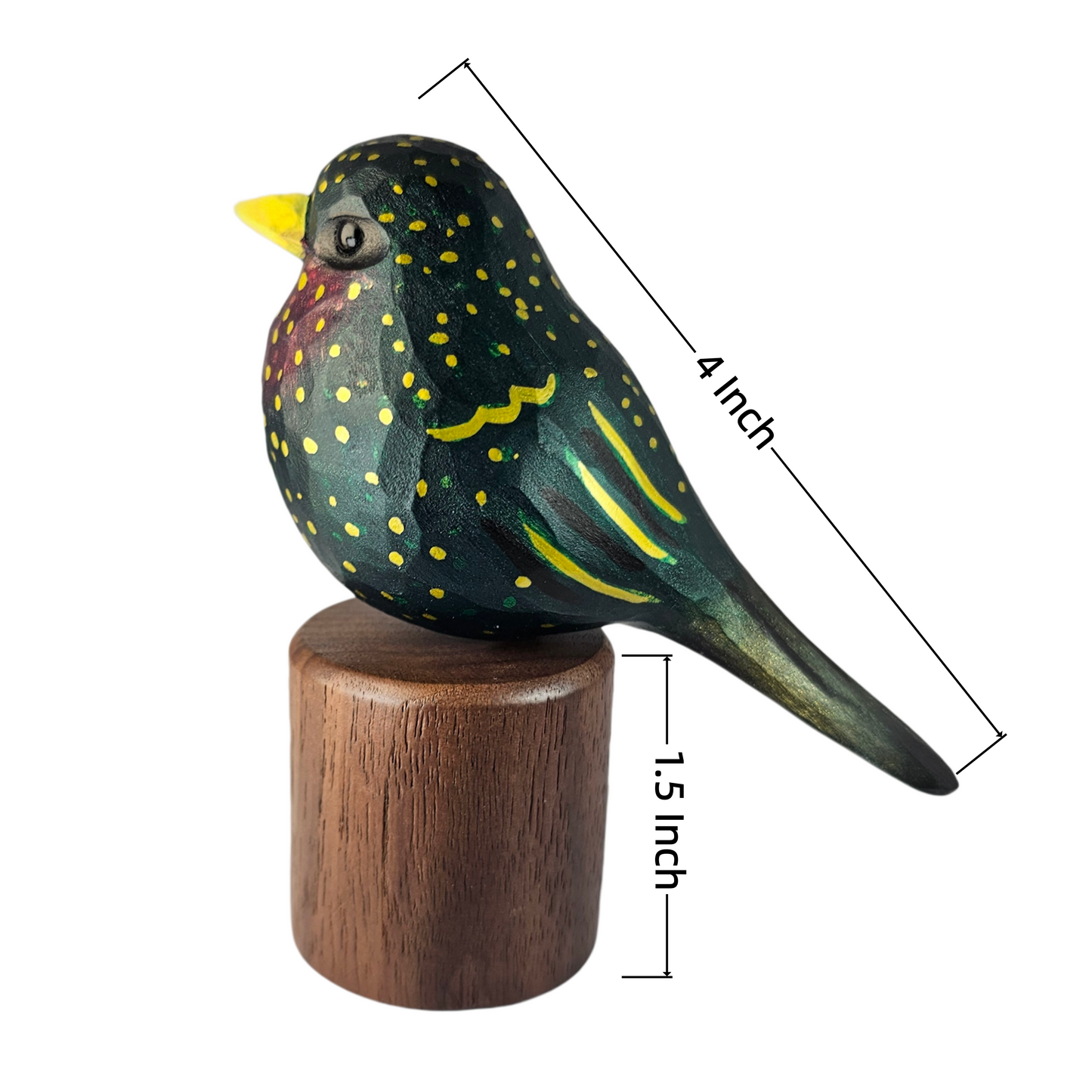 Dimension diagram of hand-carved wooden European Starling figurine showing 4-inch bird length and 1.5-inch walnut base height