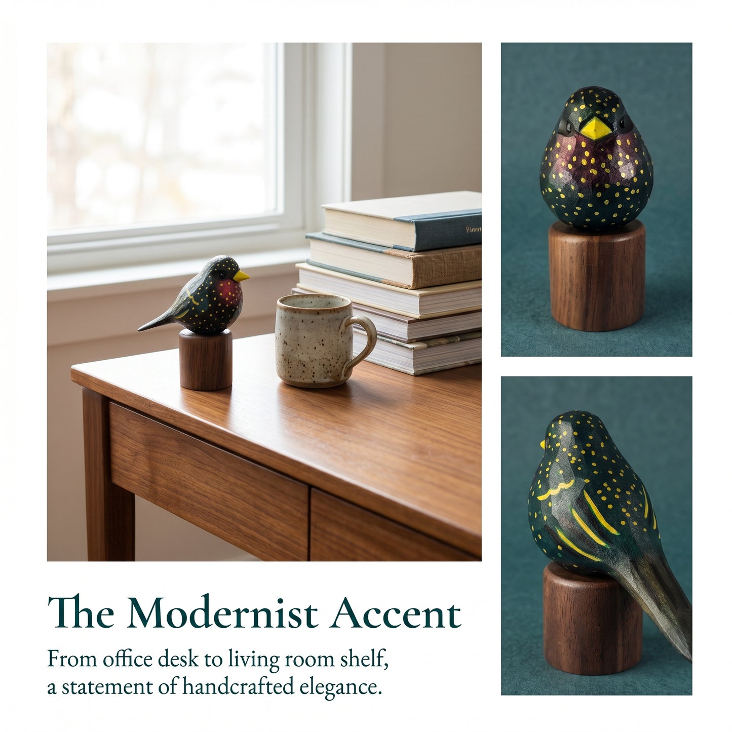 Collage showcasing a hand-carved wooden European Starling figurine styled on a wooden desk alongside close-up front and side profile views on a walnut base