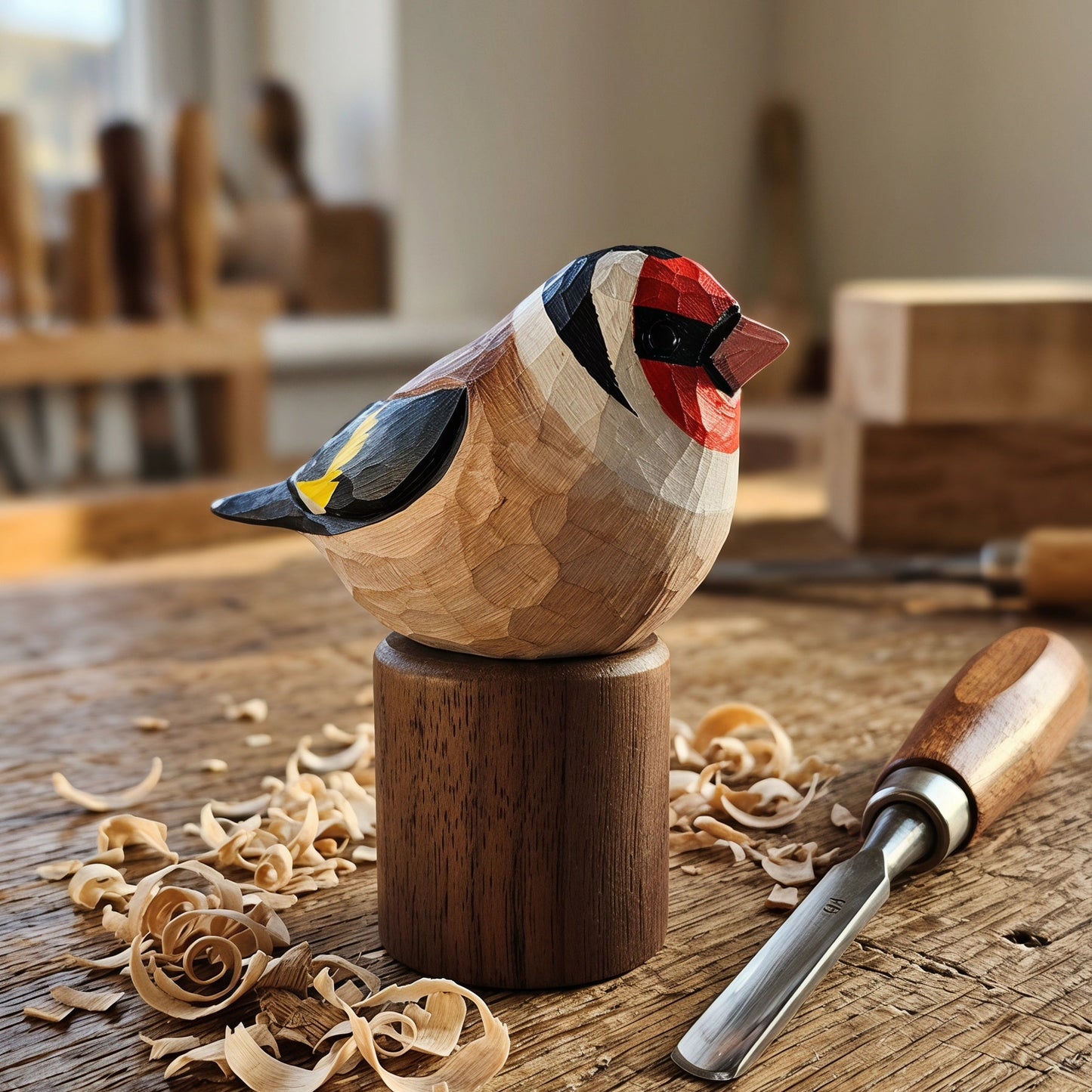 A hand-carved wooden European Goldfinch figurine with a red, black, white, and yellow beak and wing, mounted on a small wooden pedestal on a rustic workbench with wood shavings and a carving tool nearby.