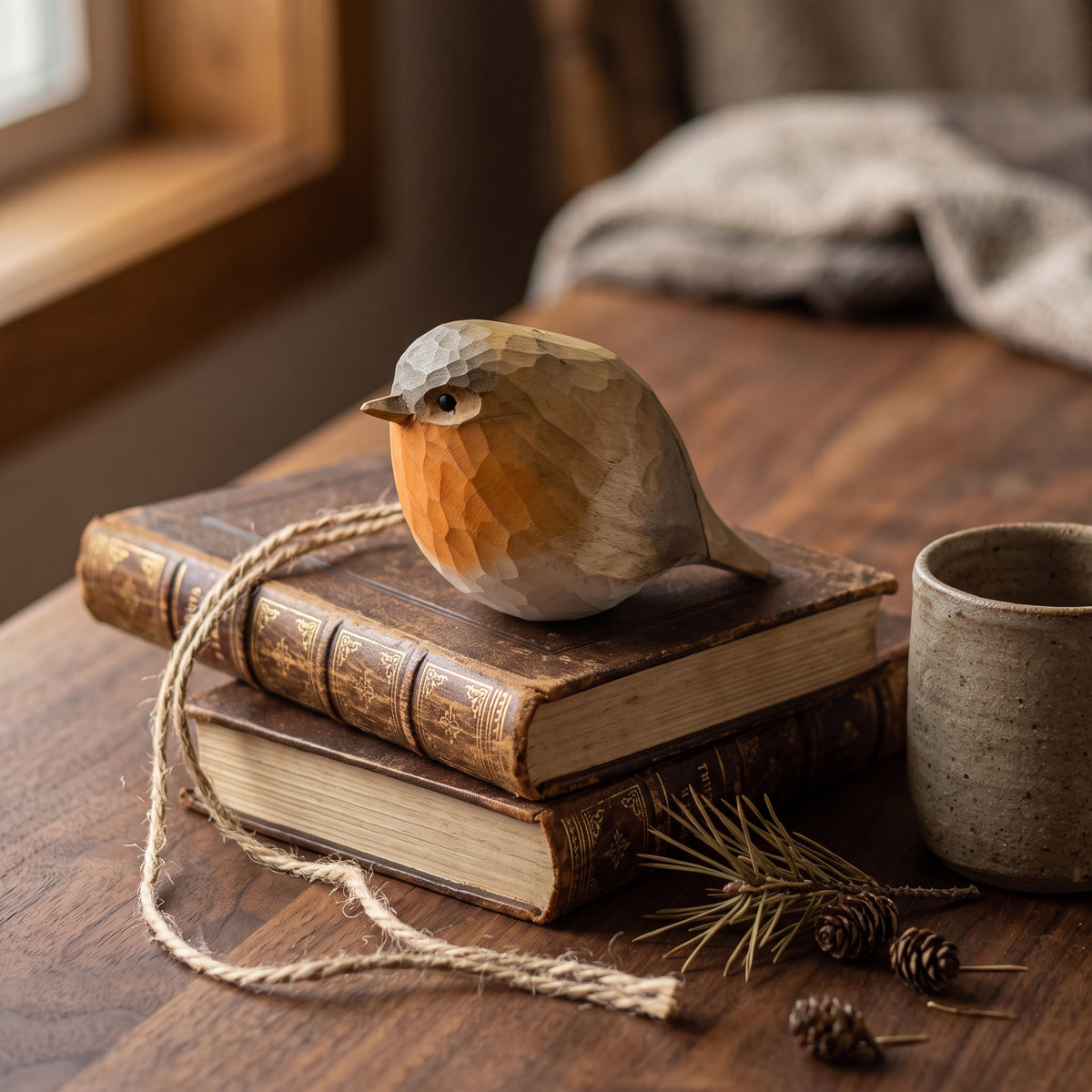 Hand-painted basswood European robin bird ornament resting on vintage books on a rustic wooden table with pinecones