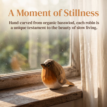 A faceted wooden robin bird figurine sits on a sunlit windowsill beside a curtain, with soft natural light and a blurred outdoor scene behind it. Text at the top reads, 'A Moment of Stillness' and describes the hand-carved basswood robin.