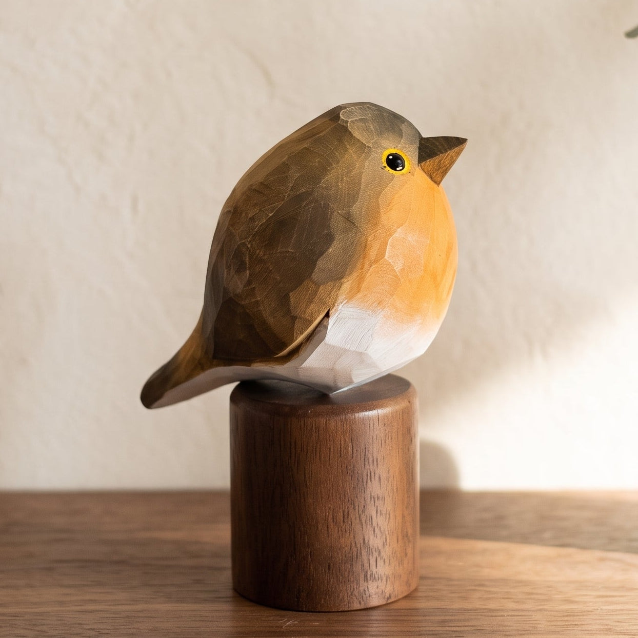 A small wooden European robin bird figurine with a warm orange breast, brown back, and white underbelly, perched on a cylindrical wooden base on a tabletop. A beige ceramic vase with eucalyptus stems sits in the background against a softly lit cream wall.