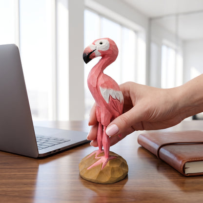 Hand Carved & Hand Painted Flamingo Figurine | Basswood | H 6 Inch Wooden Bird Sculpture