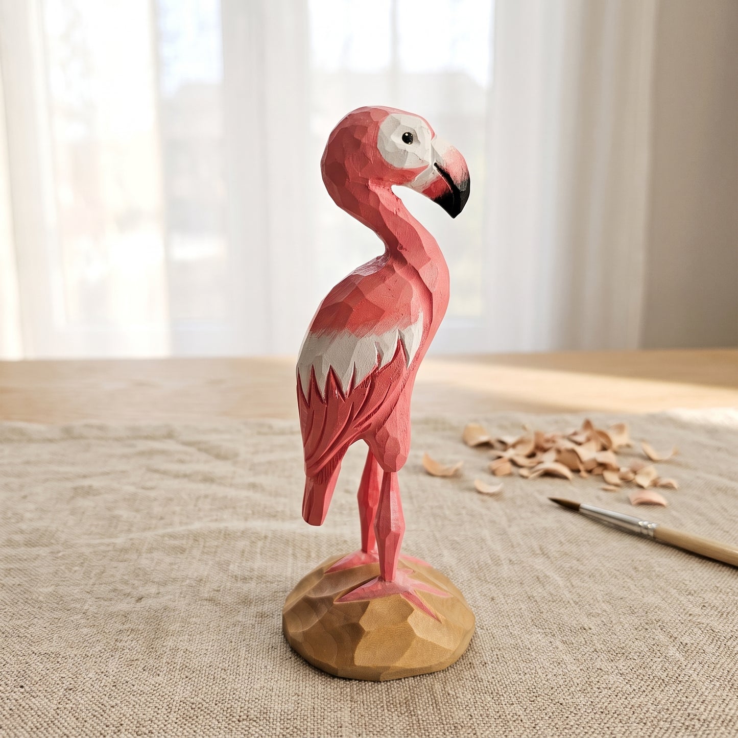 Hand Carved & Hand Painted Flamingo Figurine | Basswood | H 6 Inch Wooden Bird Sculpture