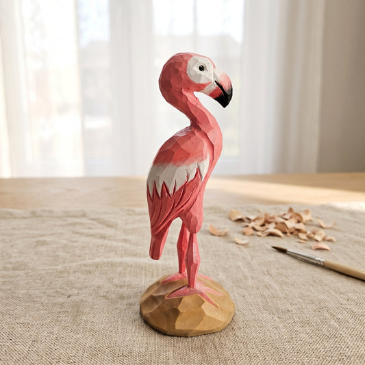 Hand Carved & Hand Painted Flamingo Figurine | Basswood | H 6 Inch Wooden Bird Sculpture