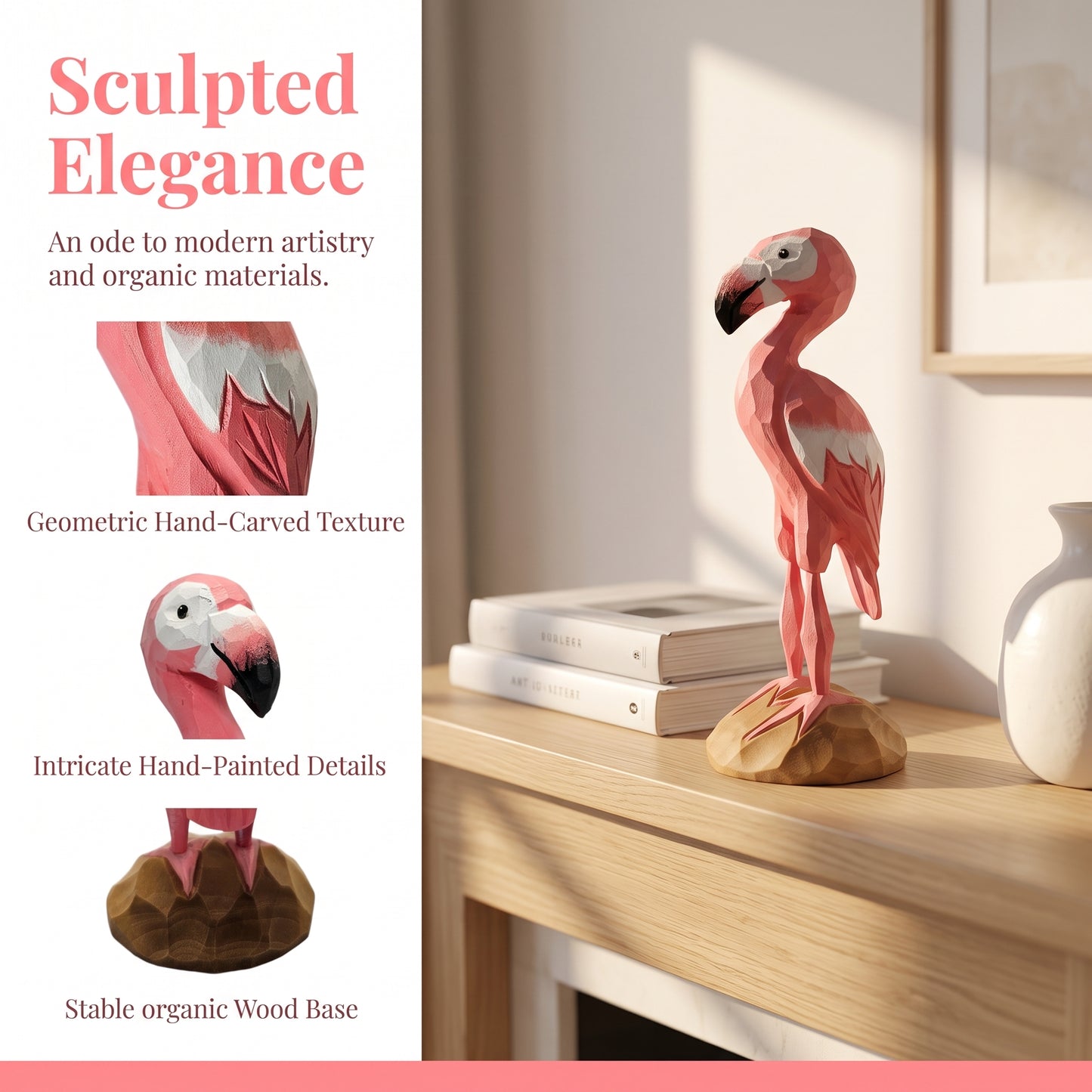Hand Carved & Hand Painted Flamingo Figurine | Basswood | H 6 Inch Wooden Bird Sculpture