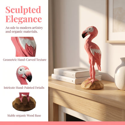 Hand Carved & Hand Painted Flamingo Figurine | Basswood | H 6 Inch Wooden Bird Sculpture