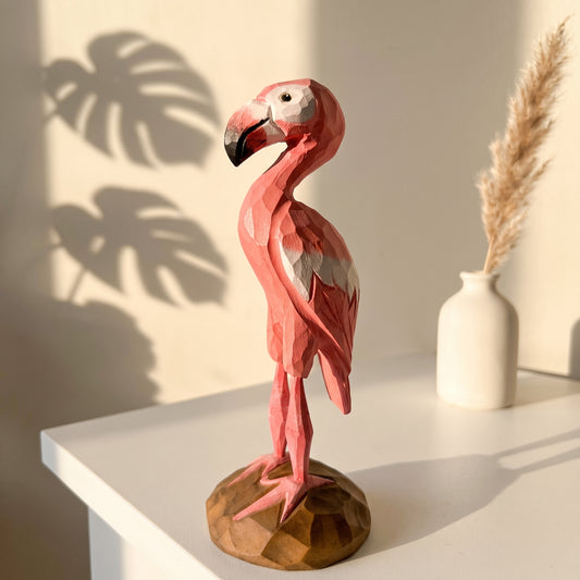 Hand Carved & Hand Painted Flamingo Figurine | Basswood | H 6 Inch Wooden Bird Sculpture