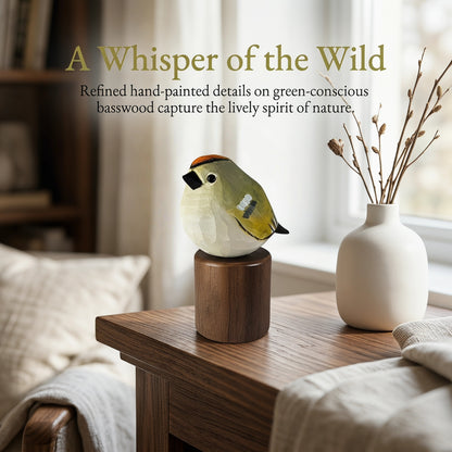 A hand-painted wooden Golden-crowned kinglet figurine perched on a cylindrical wooden base, displayed on a wooden table in a softly lit living room next to a white vase with dried branches. Text at the top reads 'A Whisper of the Wild' with descriptive copy about refined hand-painted details on green-conscious basswood.