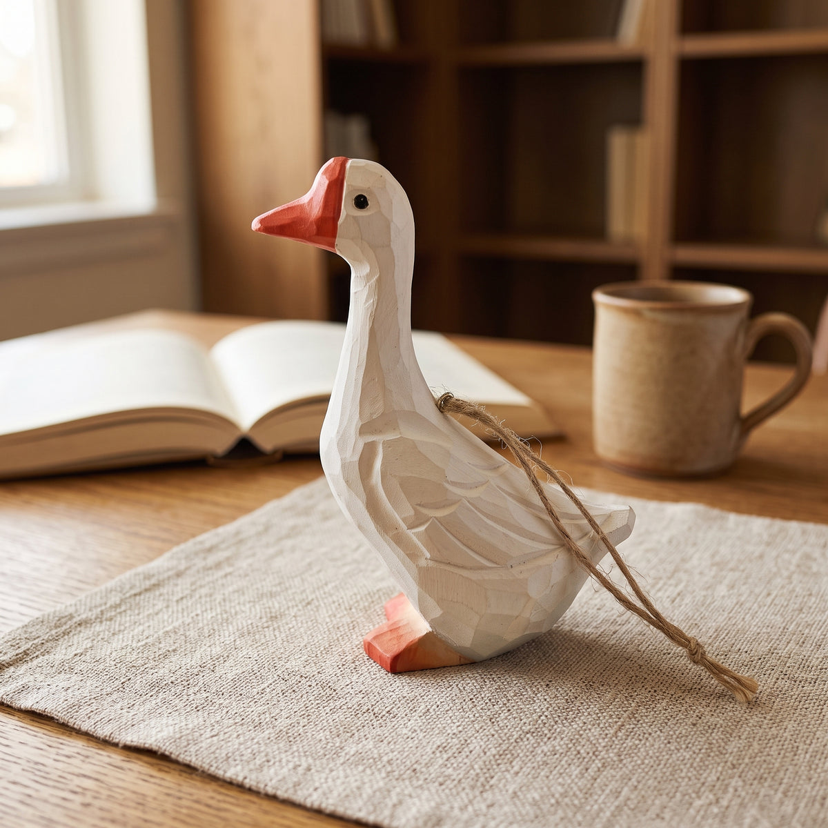Hand-carved white goose wooden ornament with jute cord resting on a linen placemat