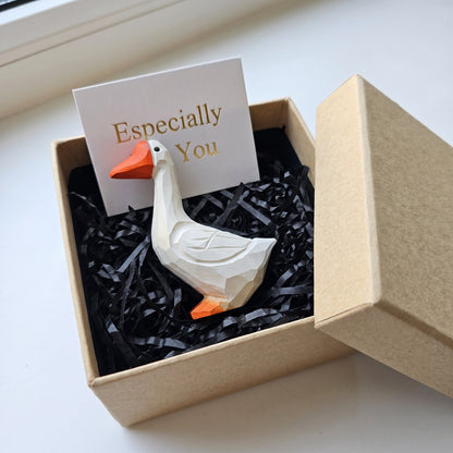 Hand Carved & Hand Painted White Goose Figurine | Basswood | H 4 Inch Wooden Bird Sculpture