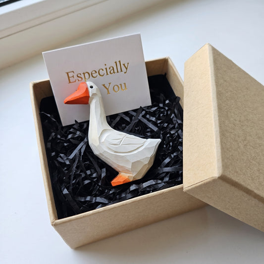 Hand Carved & Hand Painted White Goose Figurine | Basswood | H 4 Inch Wooden Bird Sculpture