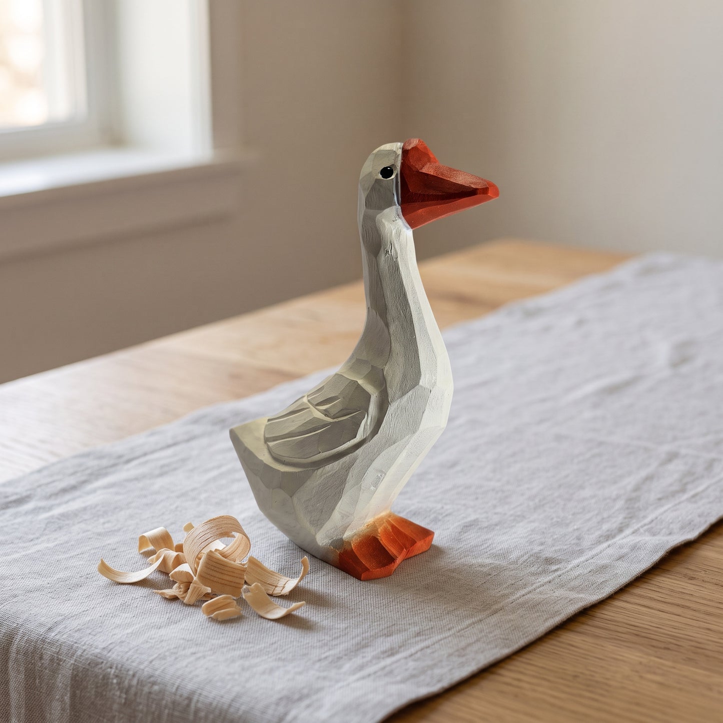 Hand Carved & Hand Painted White Goose Figurine | Basswood | H 4 Inch Wooden Bird Sculpture