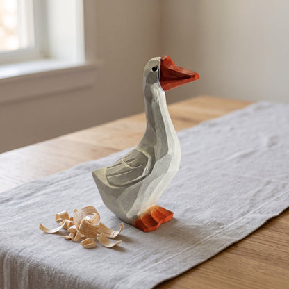 Hand Carved & Hand Painted White Goose Figurine | Basswood | H 4 Inch Wooden Bird Sculpture