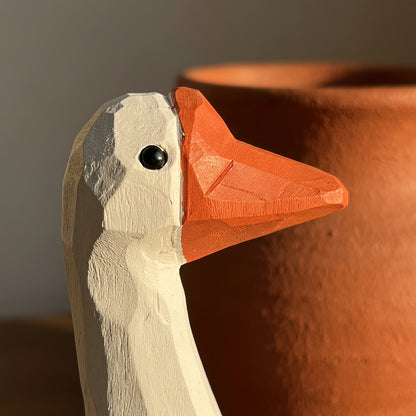 Hand Carved & Hand Painted White Goose Figurine | Basswood | H 4 Inch Wooden Bird Sculpture