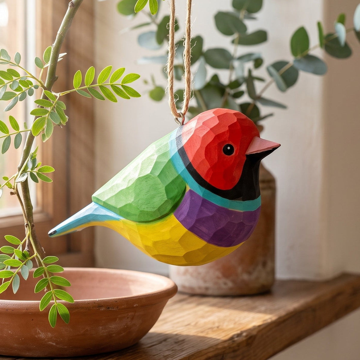 A colorful geometric Gouldian finch hanging ornament in red, green, yellow, purple, and blue, suspended by a string on a wooden windowsill next to a potted plant.