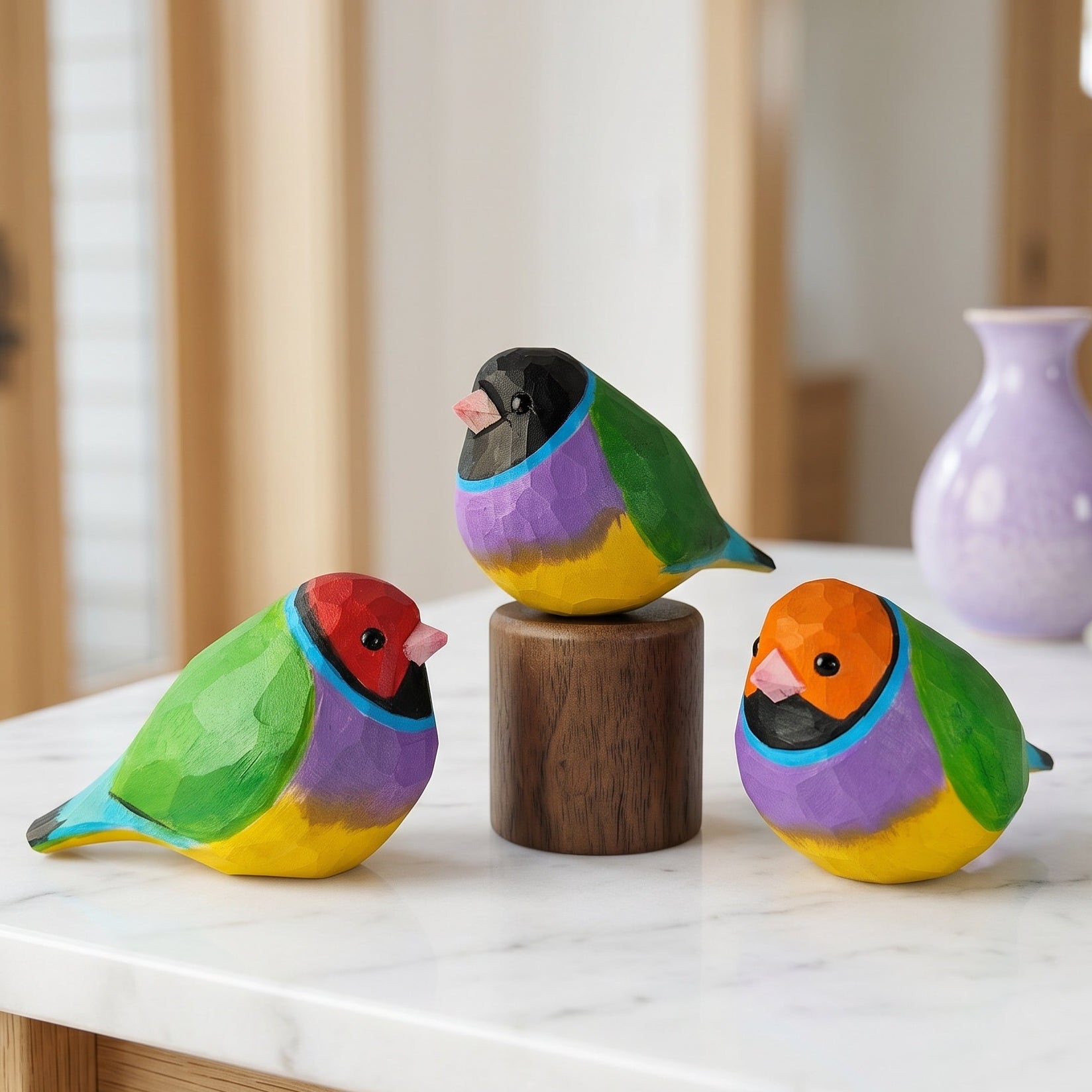 Three colorful painted Gouldian finch figurines displayed on a white marble tabletop in a softly blurred indoor setting. Two birds sit on the table, one stands on a small wooden pedestal, and a lavender vase is visible in the background.
