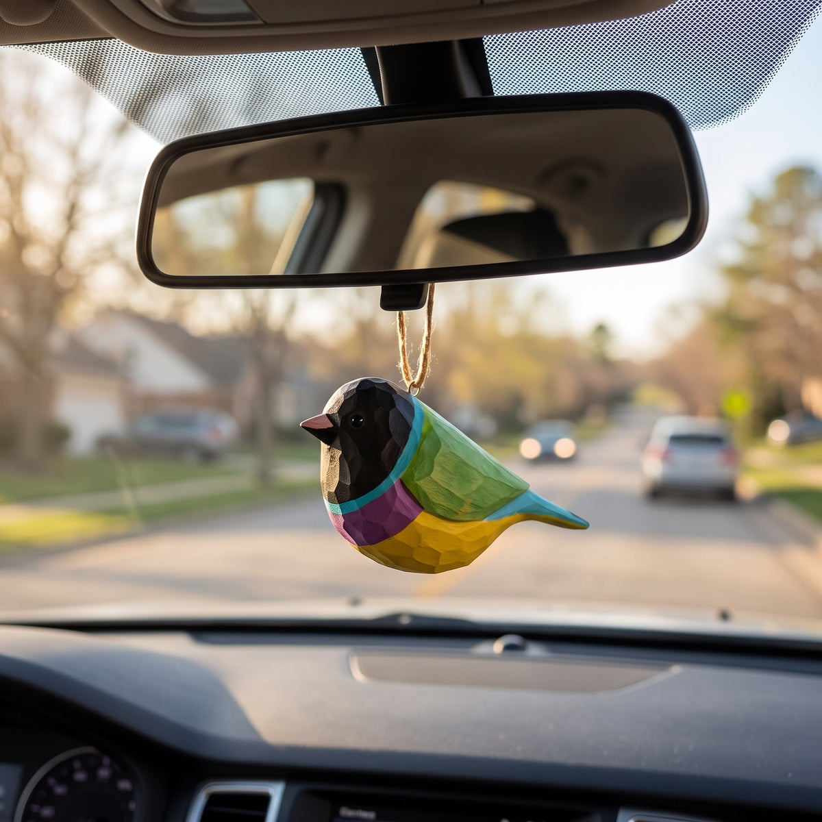 A colorful geometric Gouldian finch-shaped car air freshener hangs from the rearview mirror in a car, with a blurred suburban street in the background.