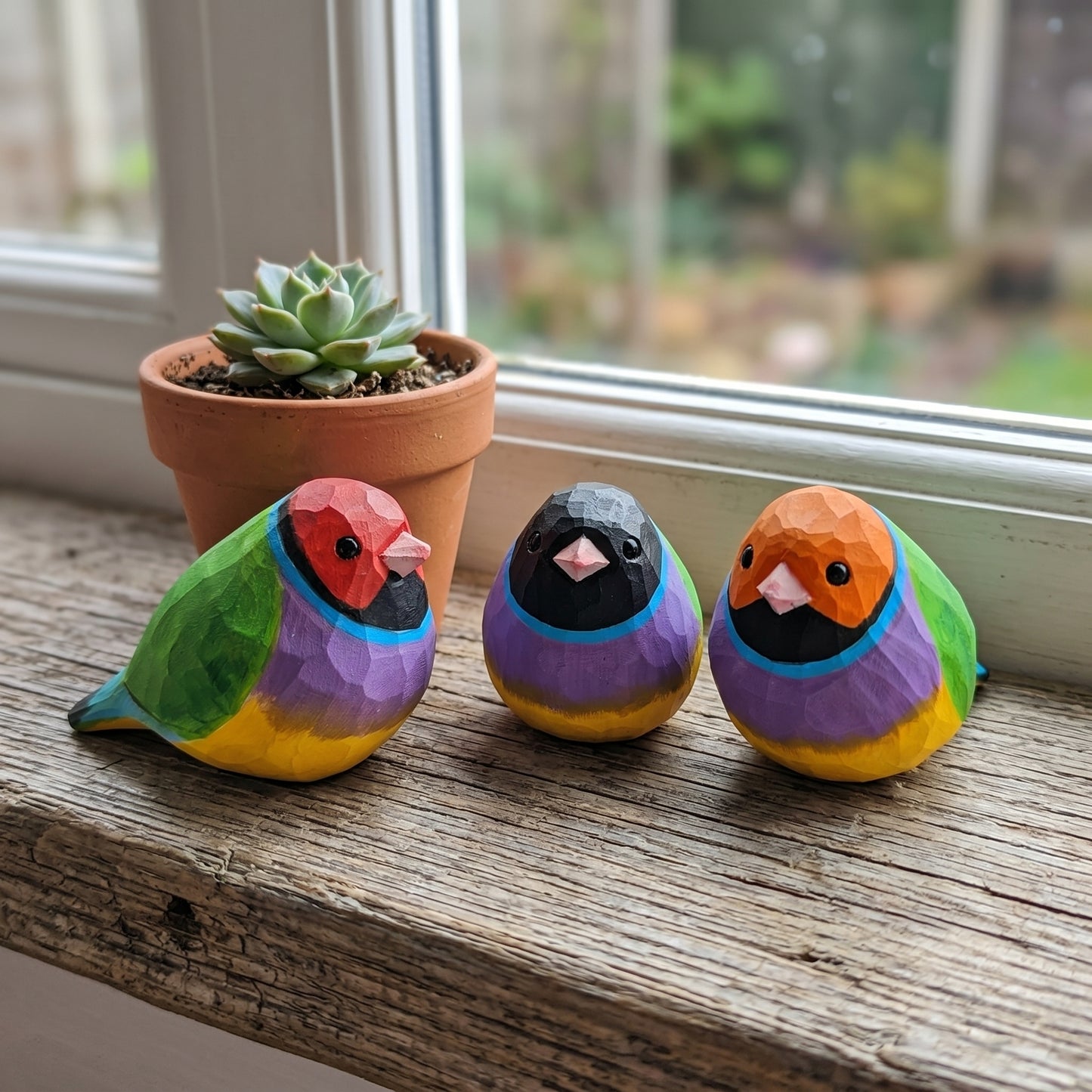 Three colorful, faceted Gouldian finch figurines painted like small birds, displayed on a rustic wooden windowsill next to a potted succulent.