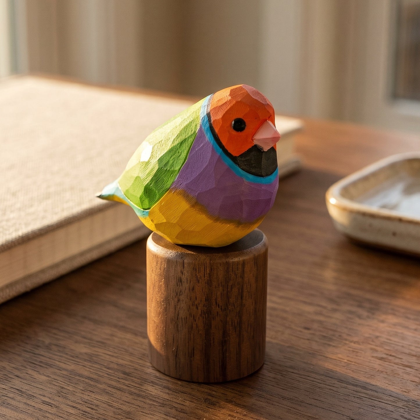 A colorful geometric Gouldian finch figurine perched on a small wooden cylinder, displayed on a wooden tabletop with a blurred book and dish in the background.