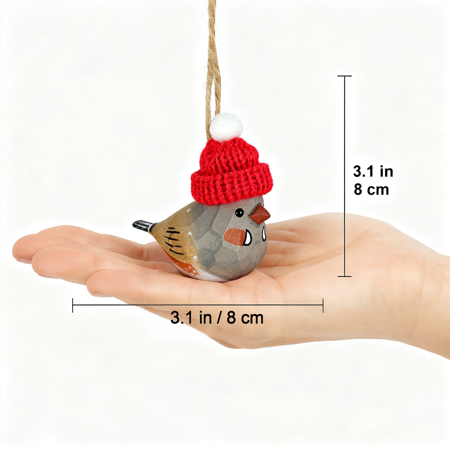 Zebra Finch Christmas Ornament - Hand‑Carved Wood with Knit Hat, Gift Box Included