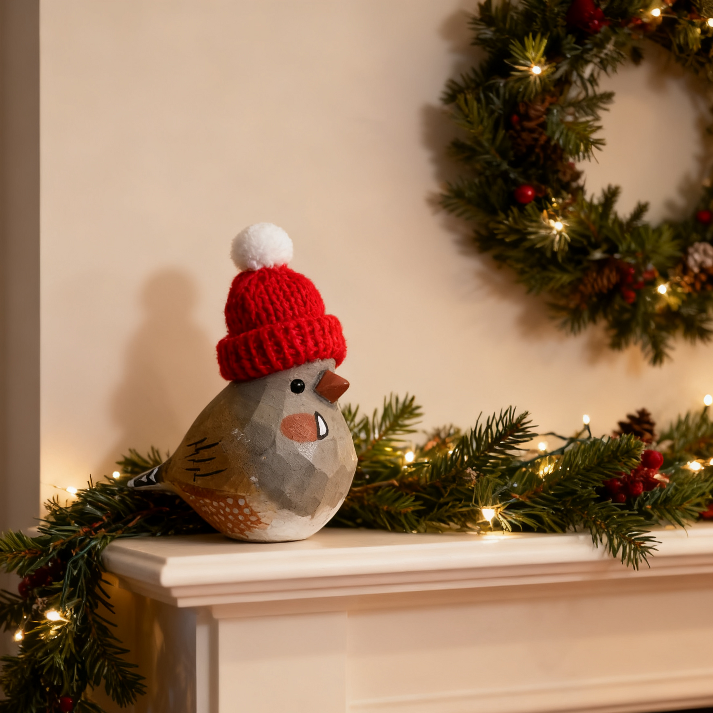 Zebra Finch Christmas Ornament - Hand‑Carved Wood with Knit Hat, Gift Box Included