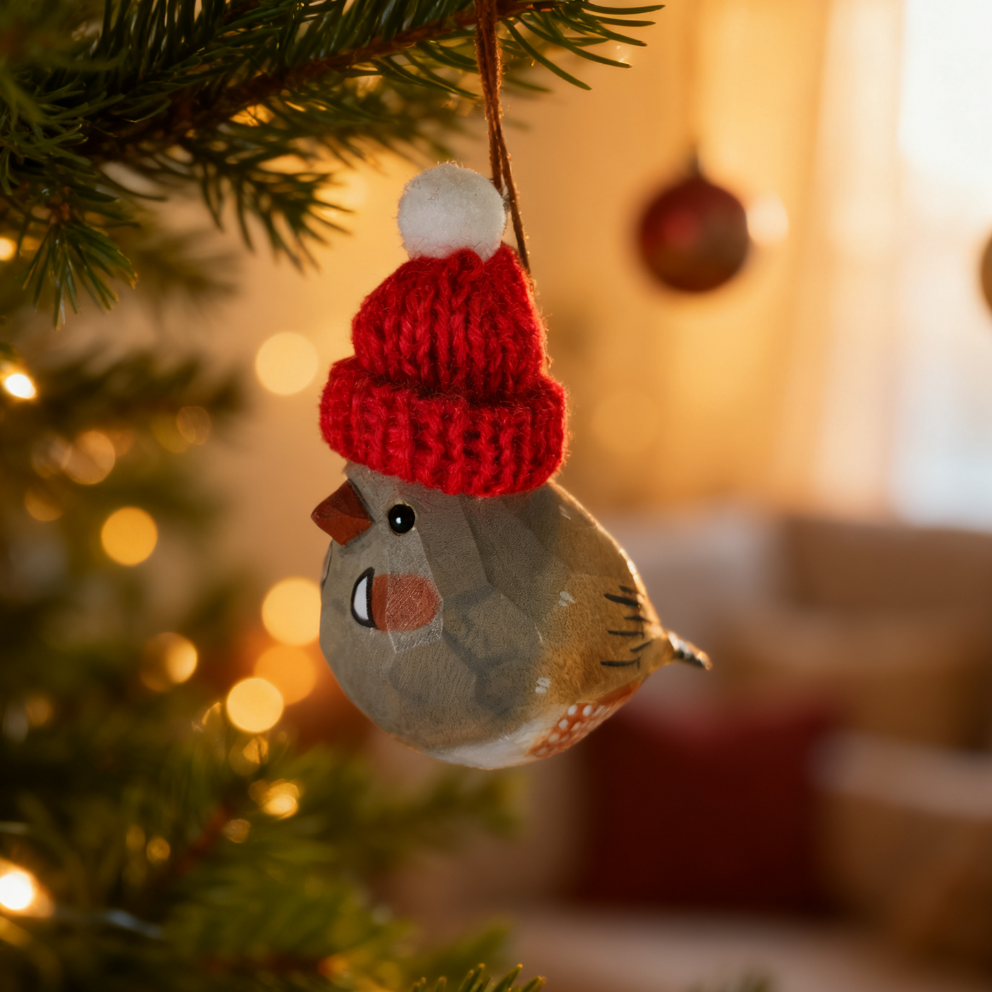 Zebra Finch Christmas Ornament - Hand‑Carved Wood with Knit Hat, Gift Box Included