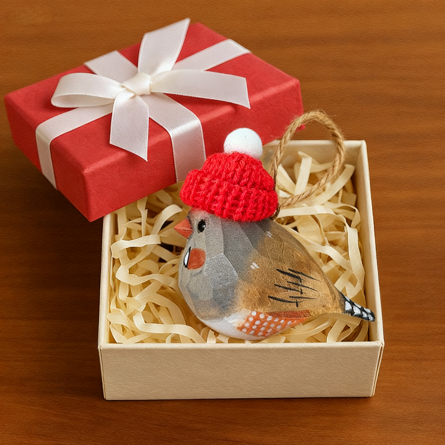 Zebra Finch Christmas Ornament - Hand‑Carved Wood with Knit Hat, Gift Box Included