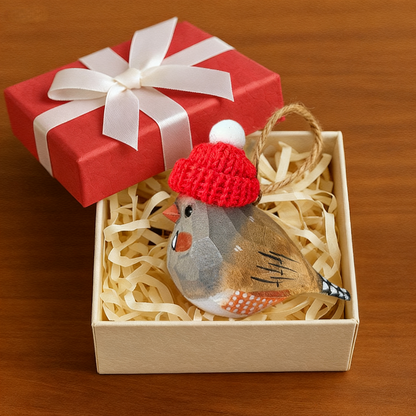 Zebra Finch Christmas Ornament - Hand‑Carved Wood with Knit Hat, Gift Box Included