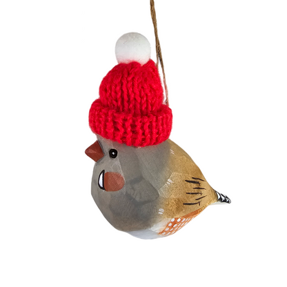 Zebra Finch Christmas Ornament - Hand‑Carved Wood with Knit Hat, Gift Box Included