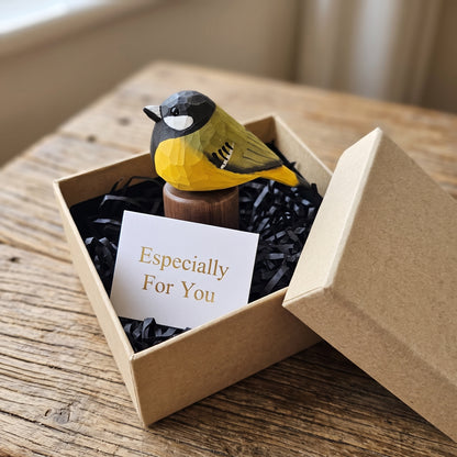 Hand Carved & Hand Painted Great Tit Figurine | Basswood with Black Walnut Base