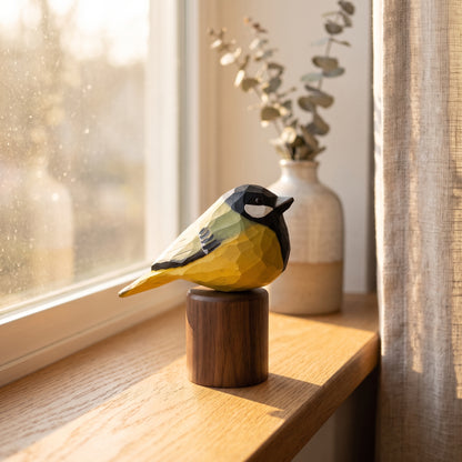 Hand Carved & Hand Painted Great Tit Figurine | Basswood with Black Walnut Base