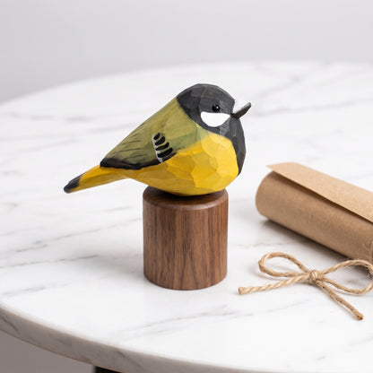 Hand Carved & Hand Painted Great Tit Figurine | Basswood with Black Walnut Base