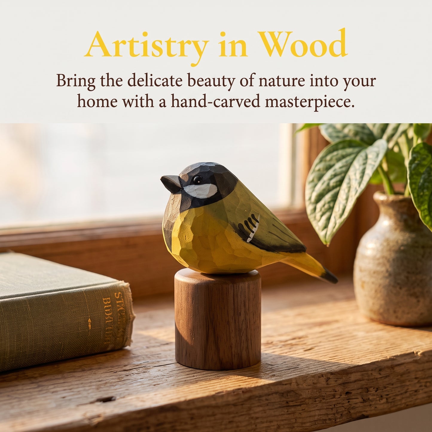 Hand Carved & Hand Painted Great Tit Figurine | Basswood with Black Walnut Base