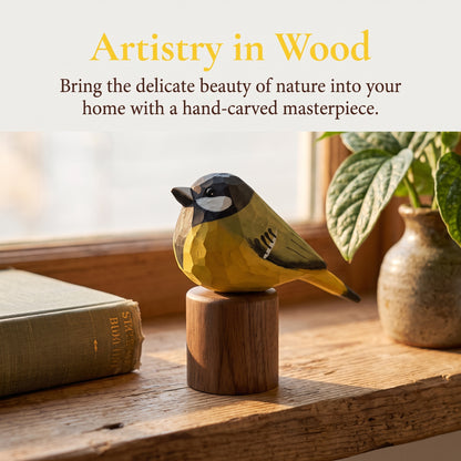 Hand Carved & Hand Painted Great Tit Figurine | Basswood with Black Walnut Base
