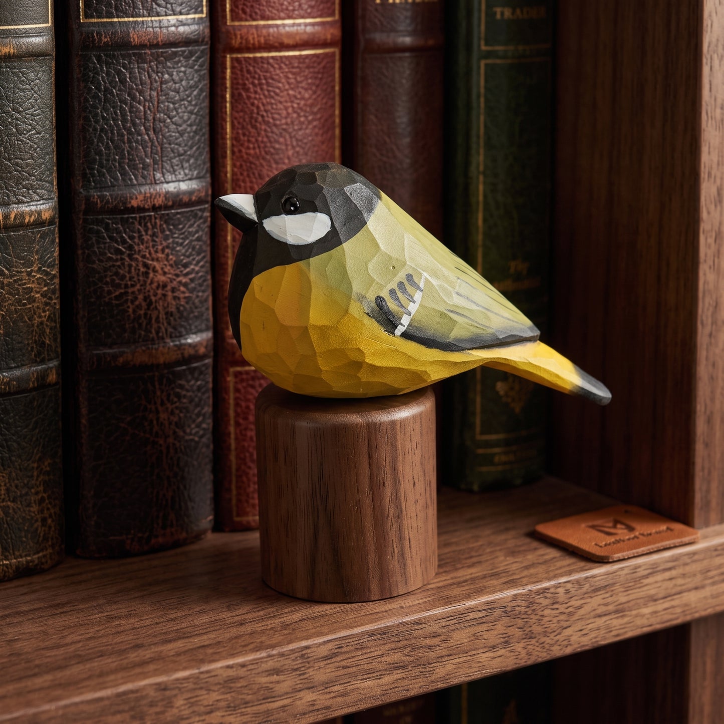 Hand Carved & Hand Painted Great Tit Figurine | Basswood with Black Walnut Base