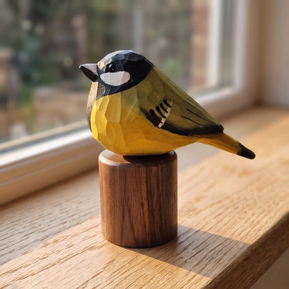 Hand Carved & Hand Painted Great Tit Figurine | Basswood with Black Walnut Base
