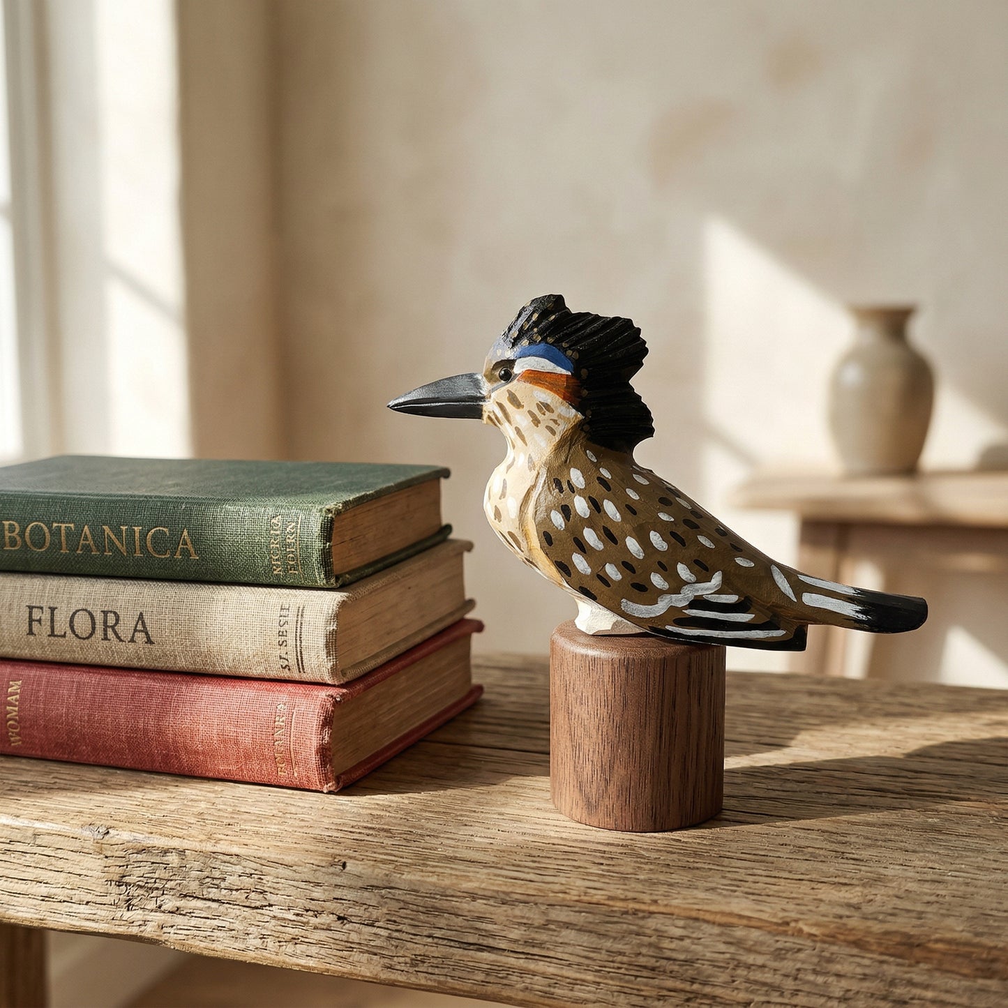 A handcrafted wooden Greater Roadrunner figurine with a black crest, blue and orange eye detail, and brown-and-white spotted body, displayed on a small wooden stand next to a stack of vintage books on a rustic wooden table.