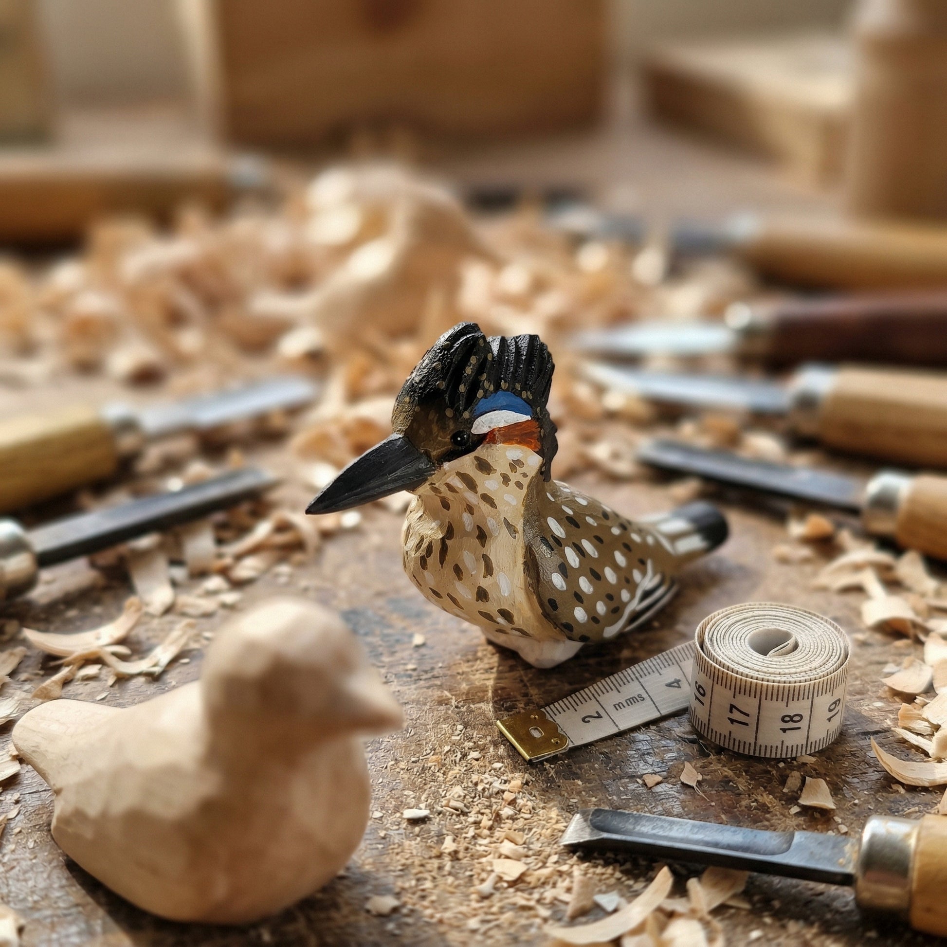 Wooden Greater Roadrunner carvings and tools on a wooden surface with wood shavings.