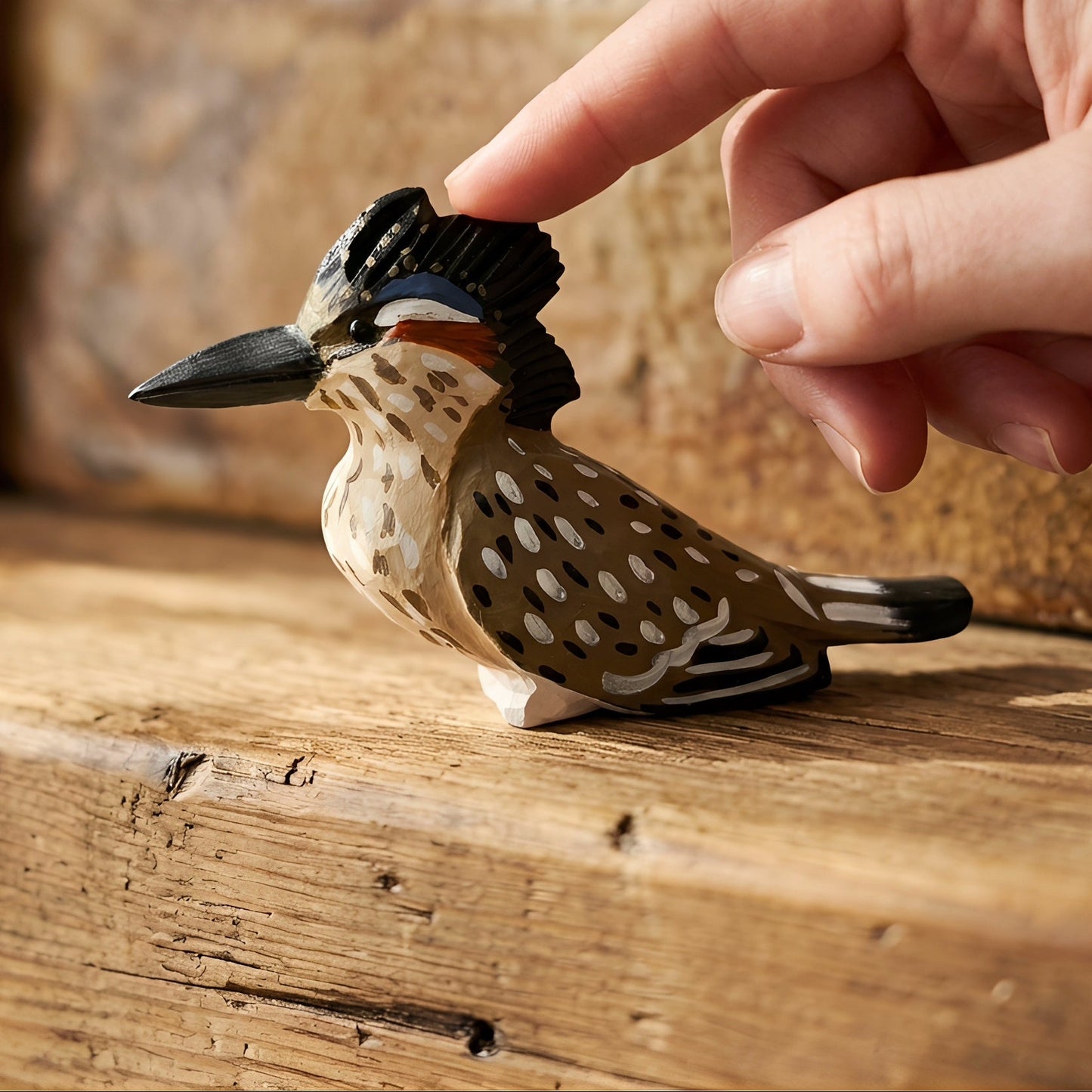 A hand gently touches a small carved wooden Greater Roadrunner figurine with a black crest and spotted brown-and-beige body, placed on a rustic wooden surface.