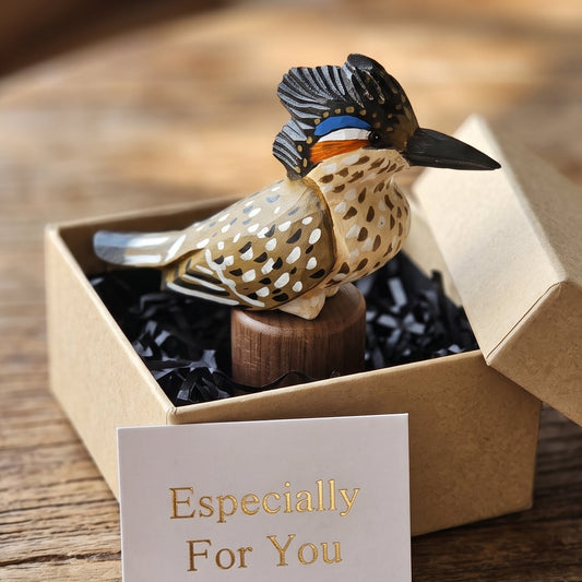 A handcrafted wooden Greater Roadrunner figurine with a speckled tan and brown body, black head, and colorful eye details, presented in a kraft gift box with black crinkle paper. A small card reading 'Especially For You' sits in front on a rustic wooden table.