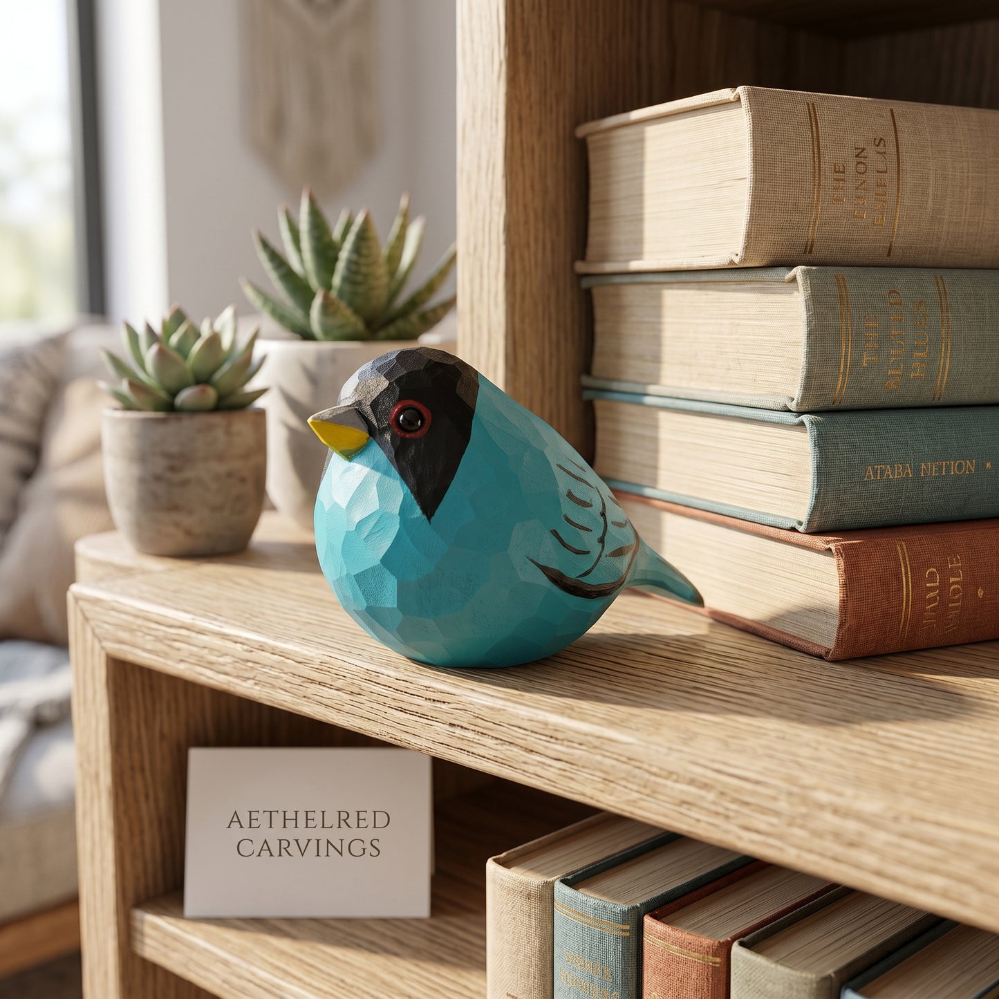 Hand-carved turquoise wooden Green Honeycreeper bird figurine perched on a wooden bookshelf next to vintage books and potted succulents.