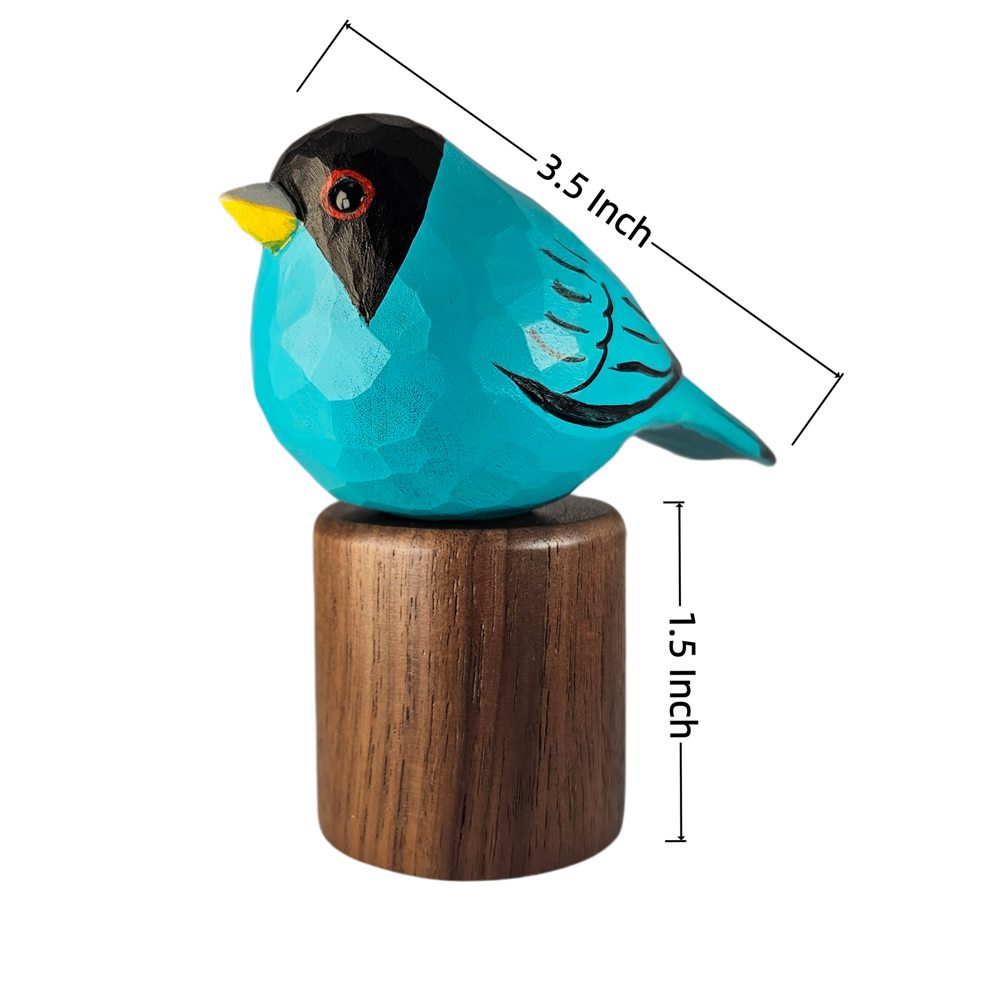 Size and dimension diagram of the hand-carved Green Honeycreeper wooden bird figurine, indicating 3.5-inch bird length and 1.5-inch black walnut base height
