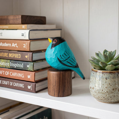 Hand-carved turquoise Green Honeycreeper wooden bird figurine on a black walnut base, displayed on a white shelf next to a stack of art books and a potted succulent.