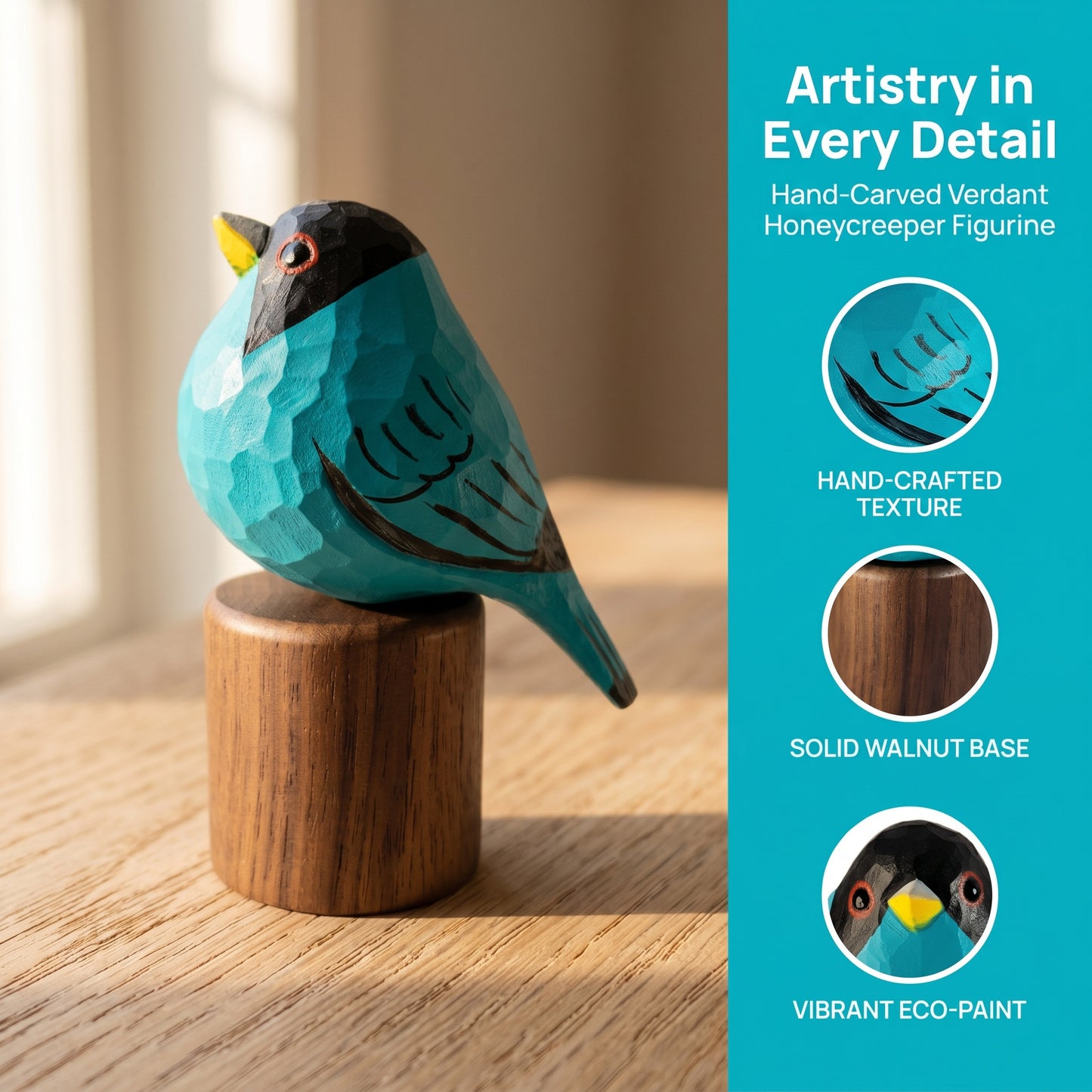 Product feature infographic for the hand-carved Green Honeycreeper bird figurine on a solid walnut base, highlighting its hand-crafted texture, solid walnut base, and vibrant eco-paint.