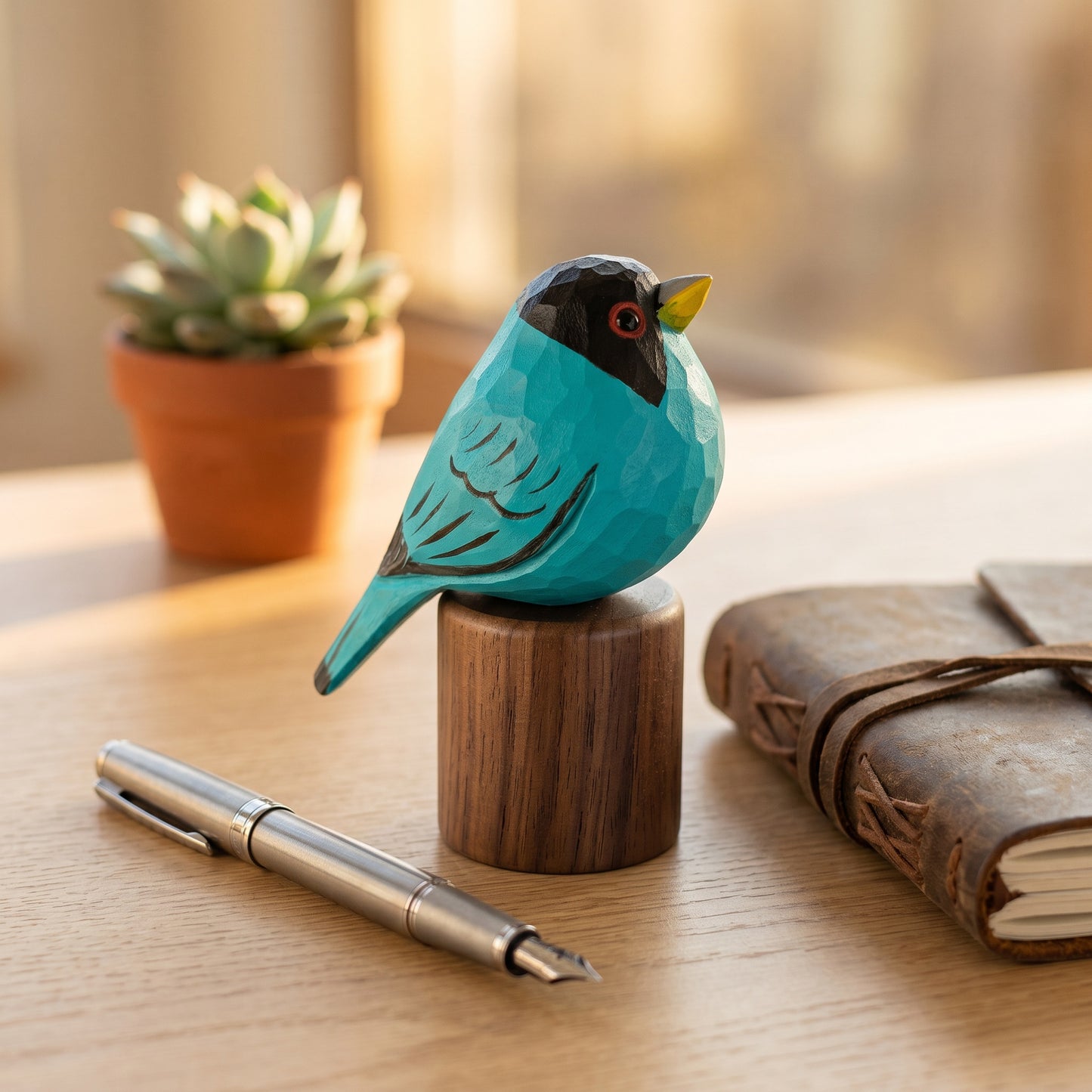 Hand-carved turquoise Green Honeycreeper wooden bird figurine on a black walnut base, displayed on a desk next to a silver fountain pen, leather journal, and potted succulent.