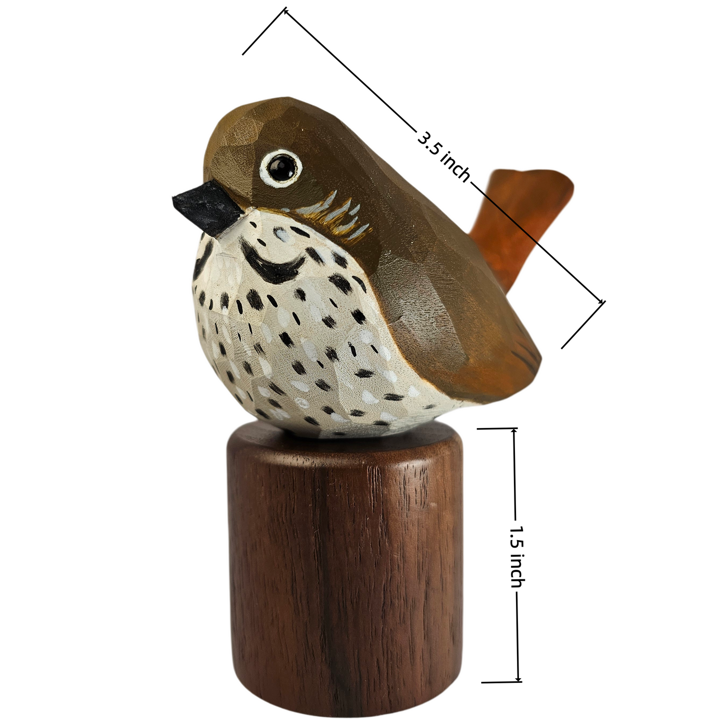 A hand-painted wooden Hermit Thrush figurine on a cylindrical wooden base, shown with dimension lines indicating a height of 1.5 inches and a total length of 3.